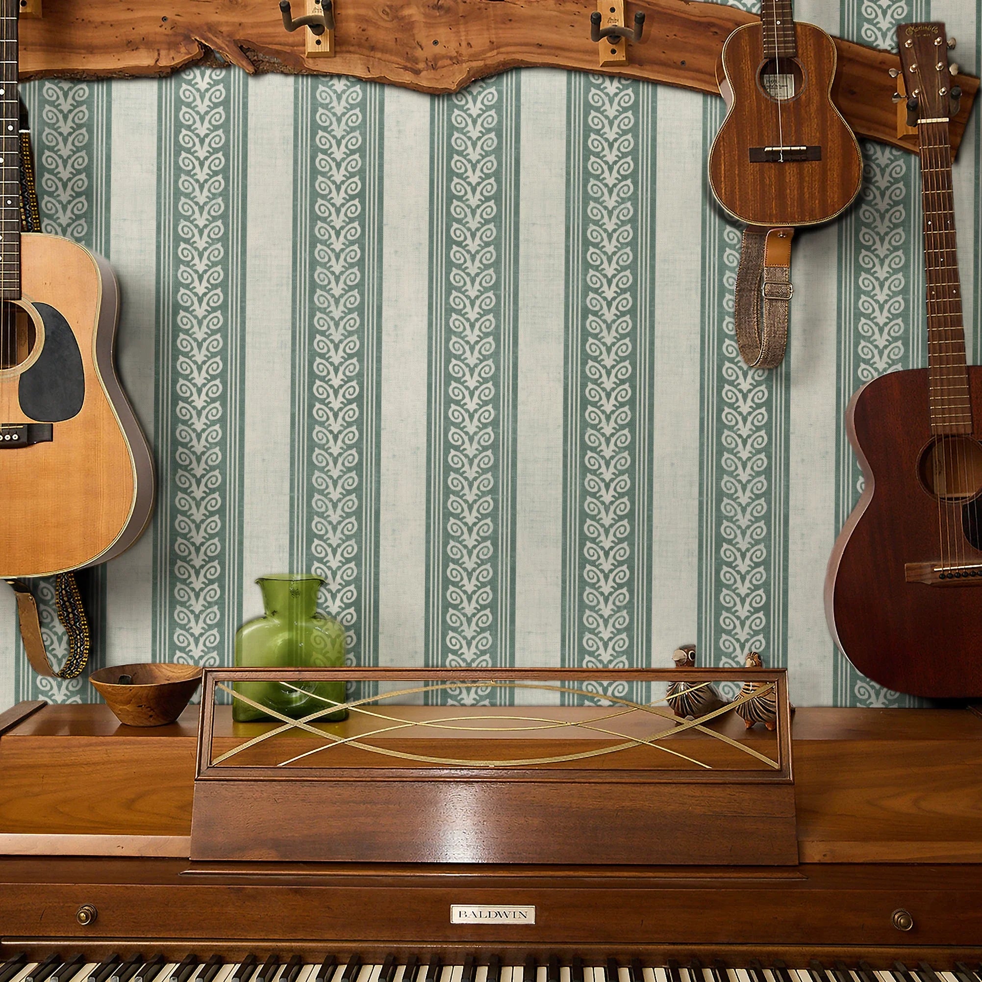 Vertical striped pattern with ornate scrollwork borders in sage green and cream tones