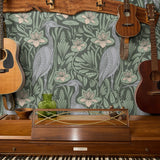 Art Nouveau pattern with herons, water lilies, and foliage in green, blue, and cream tones