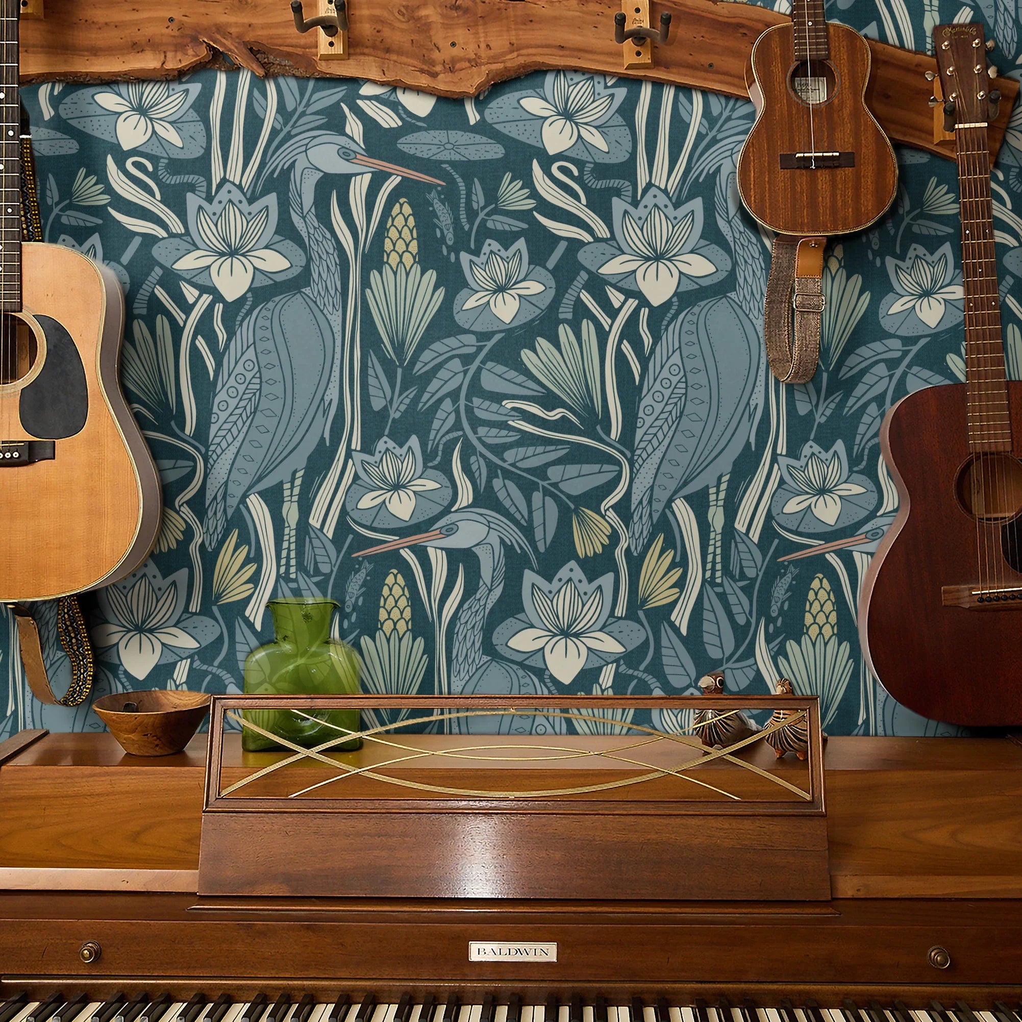 Blue-green botanical pattern with stylized flowers, leaves, and swans in Art Nouveau style