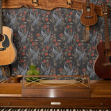 Dinosaurs and red flowers on dark background in vintage botanical illustration style