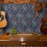 Blue wallpaper pattern with white herons, coral flowers, and green foliage in an Art Nouveau style