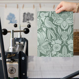 Ornate Art Nouveau floral pattern with stylized lotus flowers and foliage in sage green tones