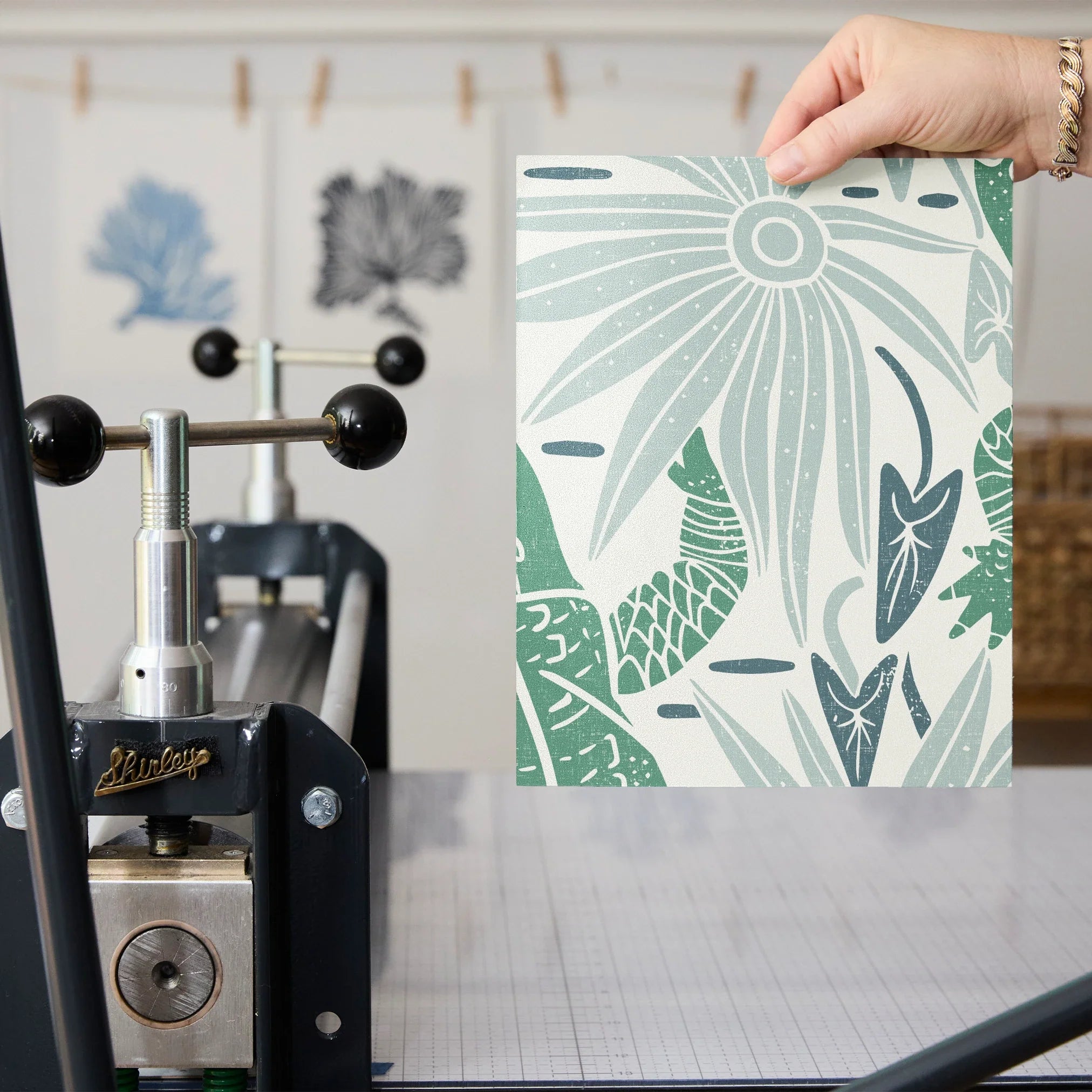 Tropical pattern with alligators, palm leaves, and orchid flowers in green, coral, and cream tones