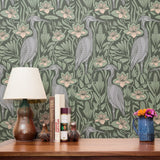 Art Nouveau pattern with herons, water lilies, and reeds in green, white, and lavender tones