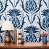 Blue and white tropical pineapple damask pattern with stylized leaves and geometric motifs
