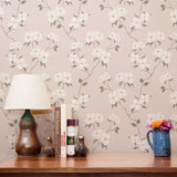 Delicate floral pattern with white flowers and gray leaves on pale pink background