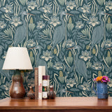 Art Nouveau style botanical pattern with blue-green tones featuring stylized flowers, leaves, and or