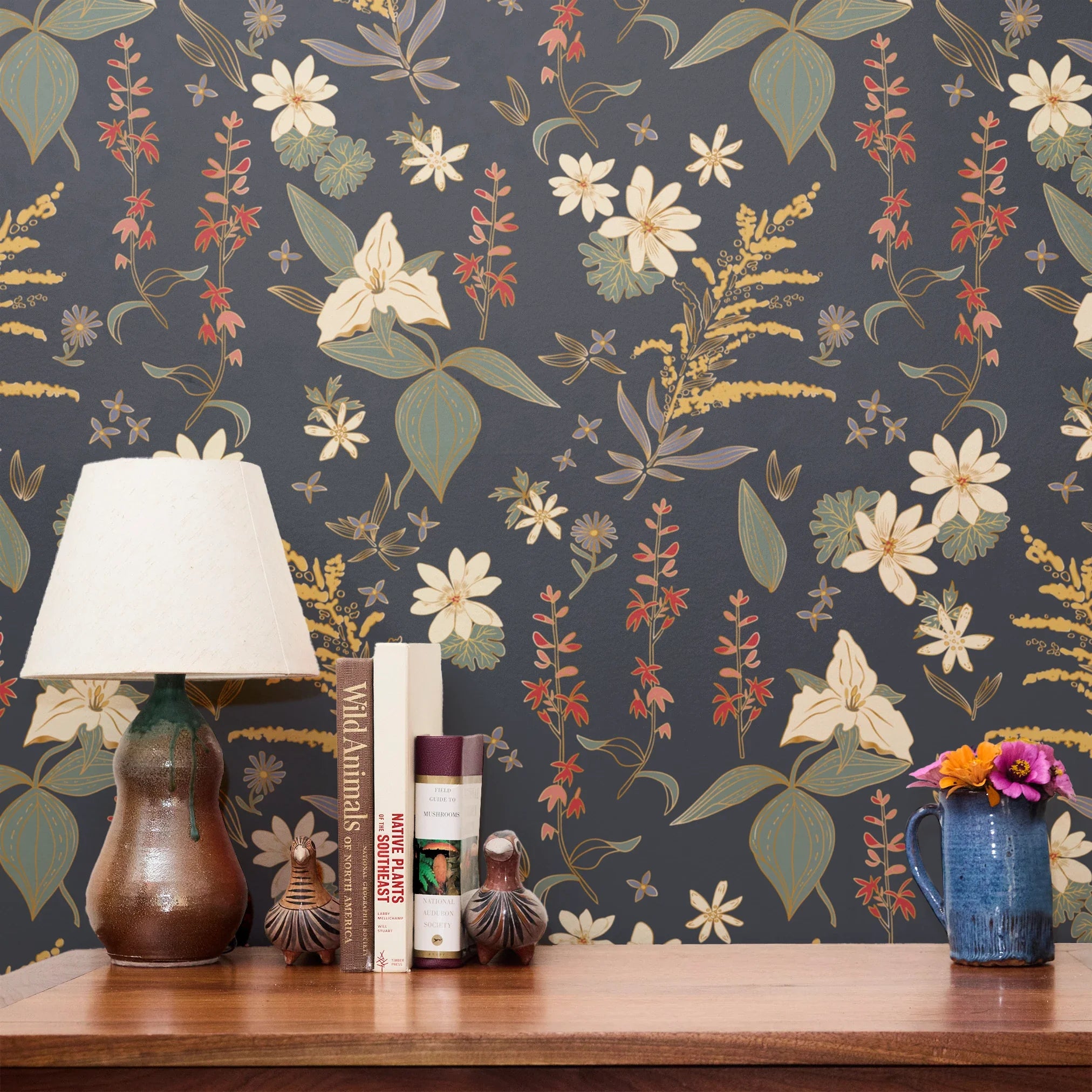 Vintage floral pattern with white flowers, golden stalks, and red blooms on dark gray background