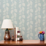 Falling Oak Stripe, White on Historical Blue, Medium Wallpaper