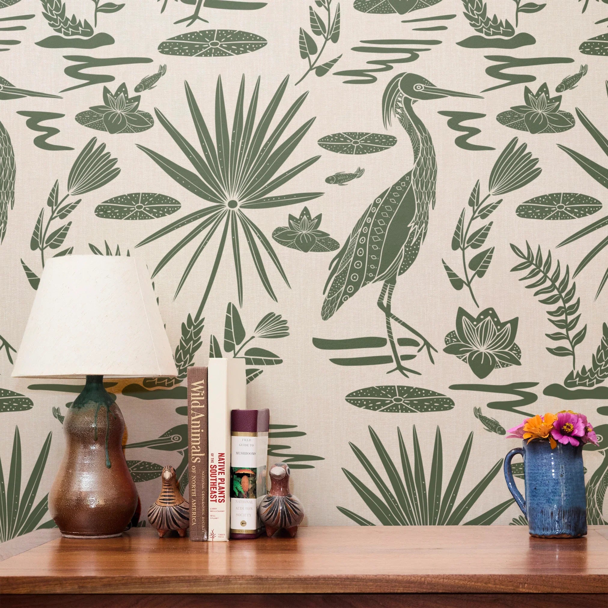 Low Country Egret, Moss Green on Light, Large Wallpaper