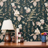 Vintage botanical pattern with cream and pink flowers on dark green background