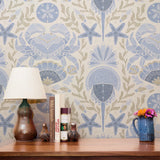 Tidal Pool, Soft Blue and Tan on Light, Large Wallpaper