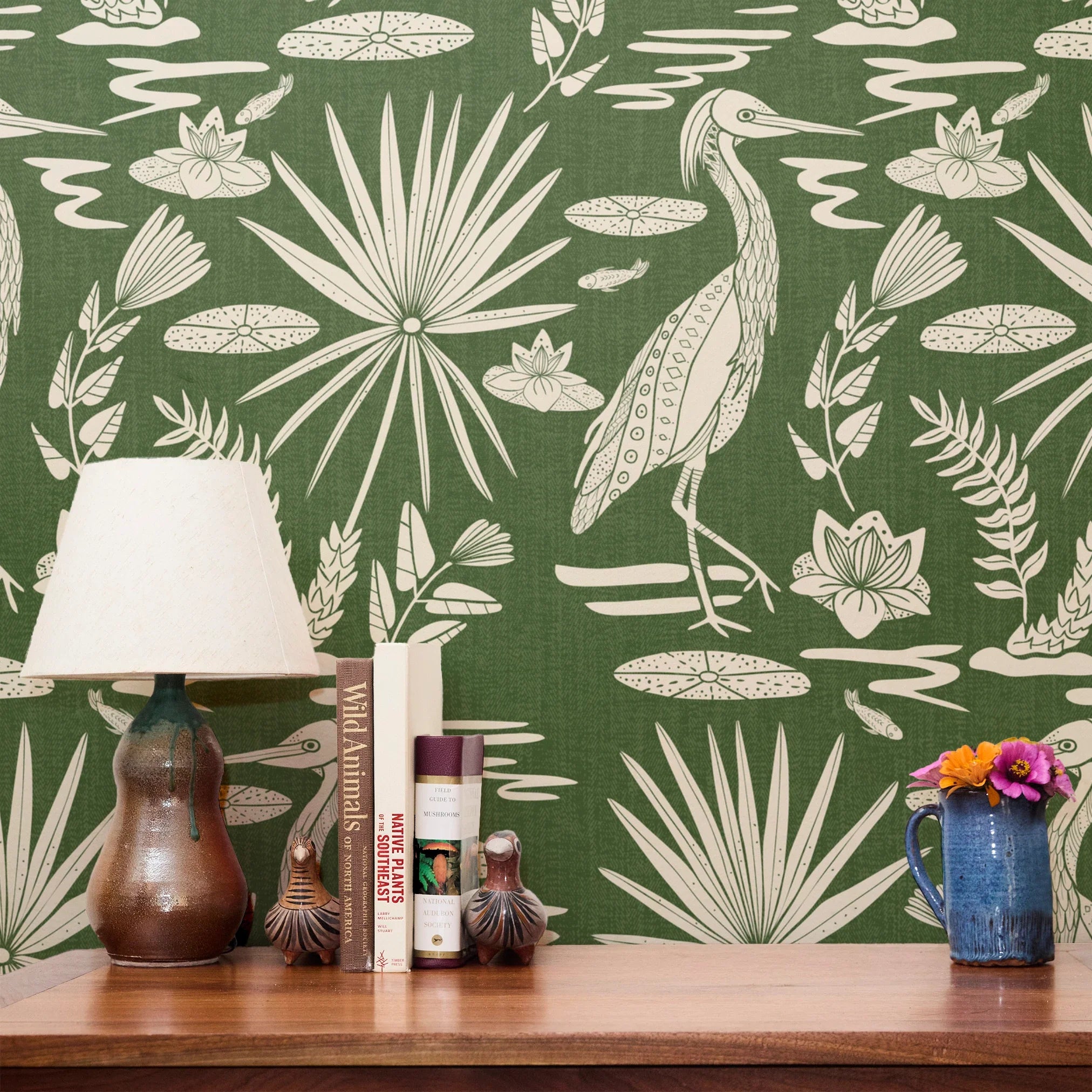 Low Country Egret, White on Moss Green, Large Wallpaper