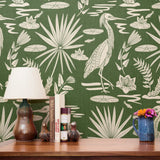 Low Country Egret, White on Moss Green, Large Wallpaper