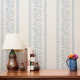 Palm Linen Stripe, Heather Blue on White, Medium Wallpaper