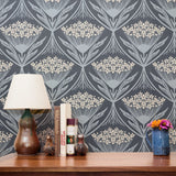 Art Nouveau floral pattern with white flowers and gray leaves in symmetrical diamond arrangement