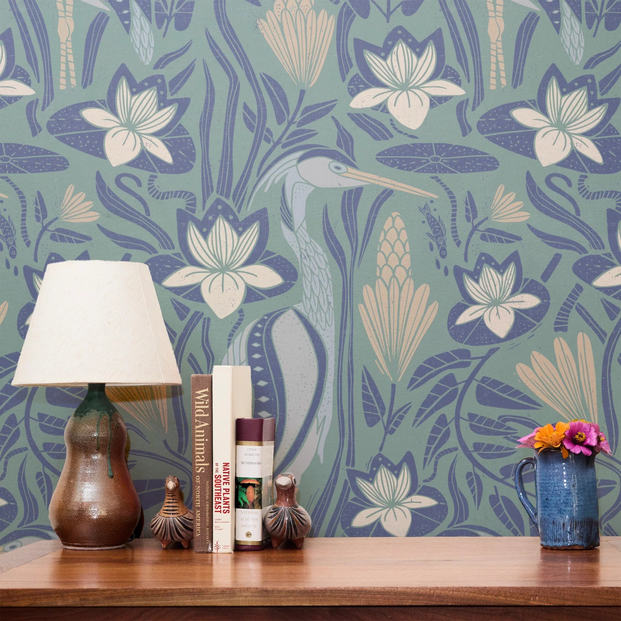 Art Nouveau floral pattern with white lilies, blue-green leaves and organic flowing design