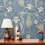 Art Nouveau floral pattern with white lilies, blue-green leaves and organic flowing design