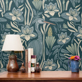 Blue-green botanical pattern with stylized flowers, leaves, and swans in Art Nouveau style