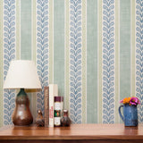 Vertical stripes with blue floral vine pattern on cream and light blue background