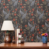 Dinosaurs and red flowers on dark background in vintage botanical illustration style