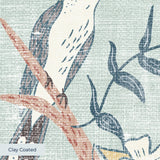 Delicate floral pattern with white flowers, blue-gray leaves, and coral branches on pale blue backgr
