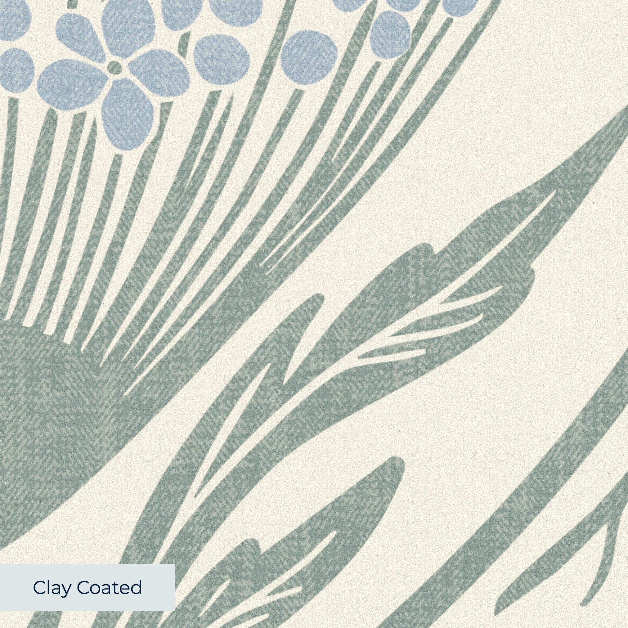 Art Nouveau floral pattern with stylized blue flowers and sage green leaves on cream background