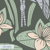 Art Nouveau pattern with herons, water lilies, and reeds in green, white, and lavender tones