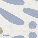 Geometric pattern with blue-gray curved shapes, circles, and beige accents on cream background