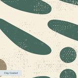Geometric botanical pattern with teal green leaves, circles, and gray squares on cream background