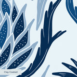 Decorative damask pattern with blue pineapple and palm motifs on white background