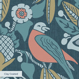 Symmetrical art nouveau pattern with stylized birds, lotus flowers, and foliage in blue, coral, and