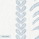 Blue and white botanical stripe pattern with stylized leaf motifs and vertical borders