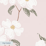 Delicate floral pattern with white flowers and gray leaves on pale pink background