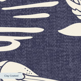 Navy blue background with white tropical birds, palm fronds, and botanical motifs in repeating patte