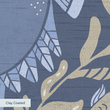Symmetrical decorative pattern with crabs, starfish, and seashells in blue and gold tones
