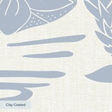 Tropical pattern with palm fronds, herons, and foliage in soft blue-gray on cream background