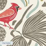 Decorative pattern with birds, flowers, and foliage in muted colors on cream background