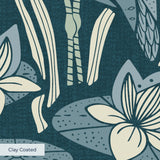 Art Nouveau style botanical pattern with blue-green tones featuring stylized flowers, leaves, and or