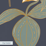 Vintage floral pattern with white flowers, golden stalks, and red blooms on dark gray background