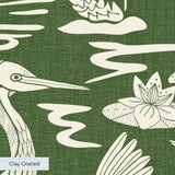 Tropical pattern with white herons, palm fronds, and ferns on dark green background