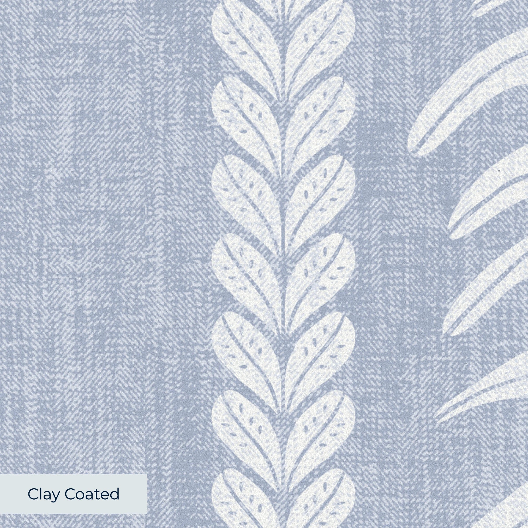 Blue and white vertical stripe pattern with leaf motifs and textured linen background