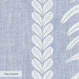 Blue and white vertical stripe pattern with leaf motifs and textured linen background
