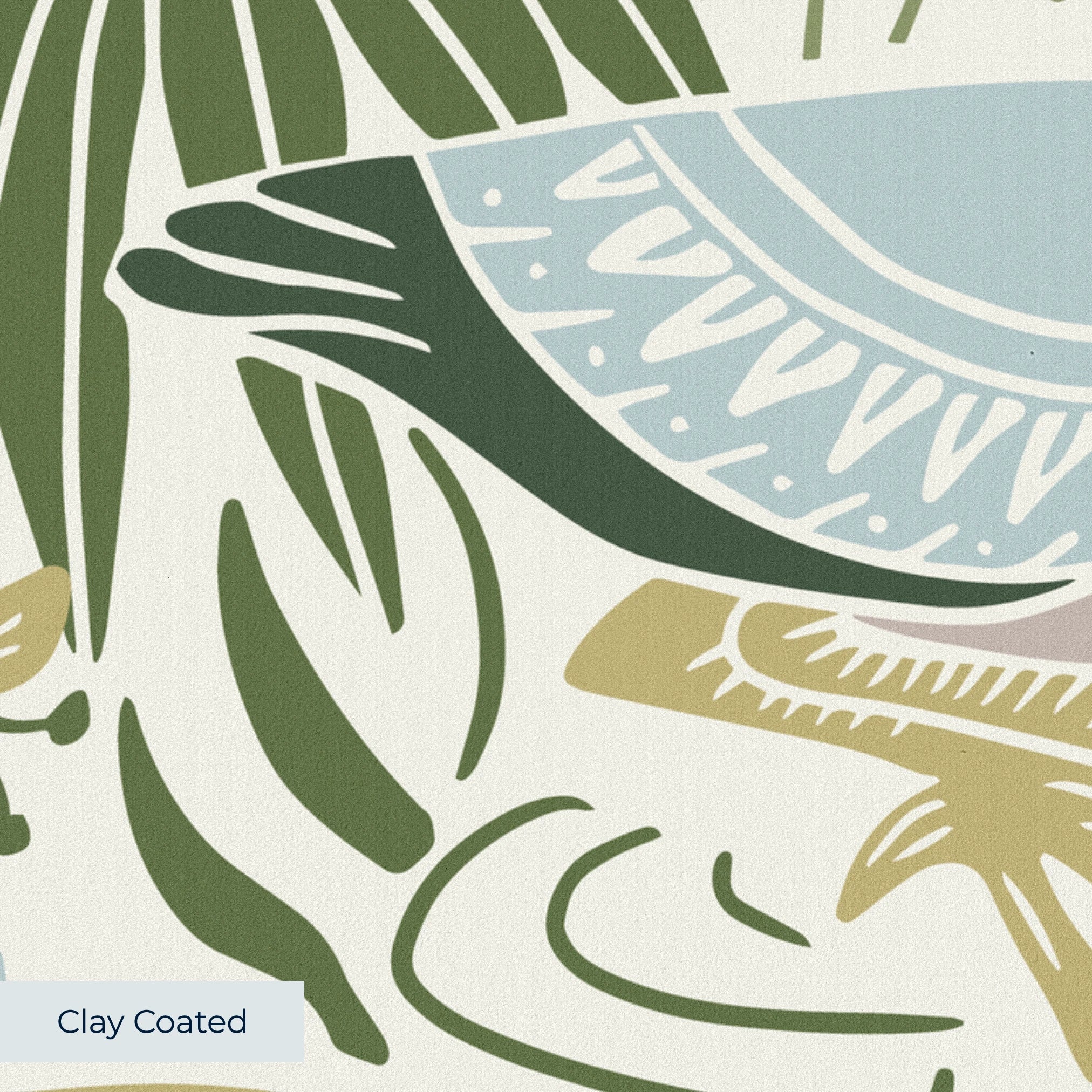 Decorative botanical pattern with green ferns, leaves, mushrooms, and flowers on cream background