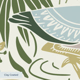 Decorative botanical pattern with green ferns, leaves, mushrooms, and flowers on cream background
