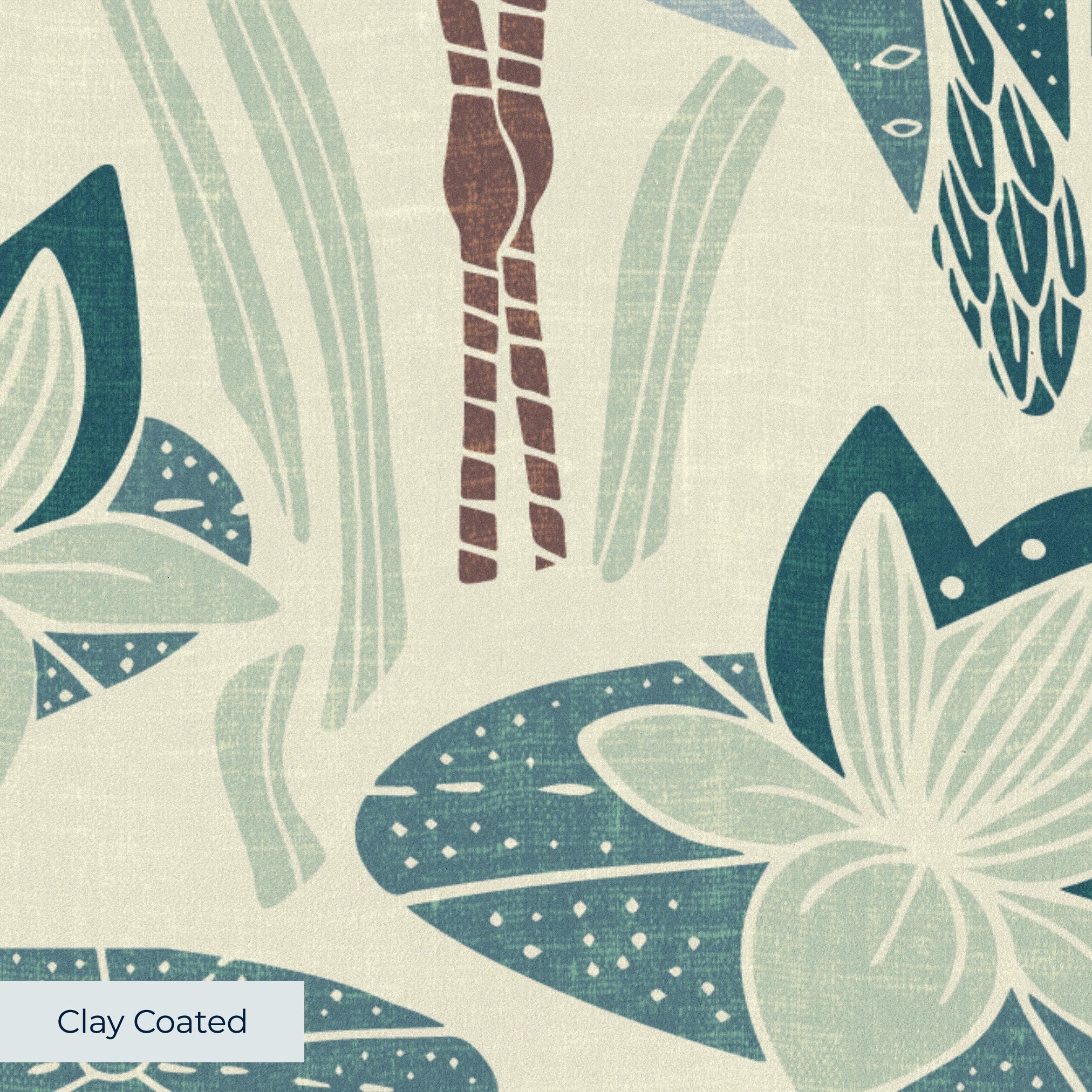 Decorative pattern with blue birds, lotus flowers, and foliage in muted teal, mauve, and cream tones