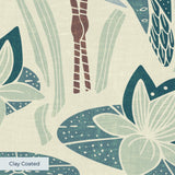 Decorative pattern with blue birds, lotus flowers, and foliage in muted teal, mauve, and cream tones