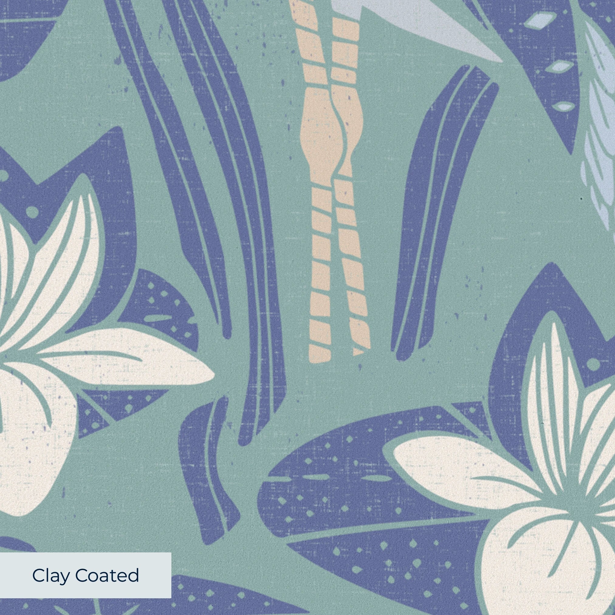 Art Nouveau floral pattern with white lilies, blue-green leaves and decorative pods on blue backgrou