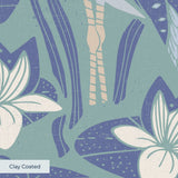 Art Nouveau floral pattern with white lilies, blue-green leaves and decorative pods on blue backgrou