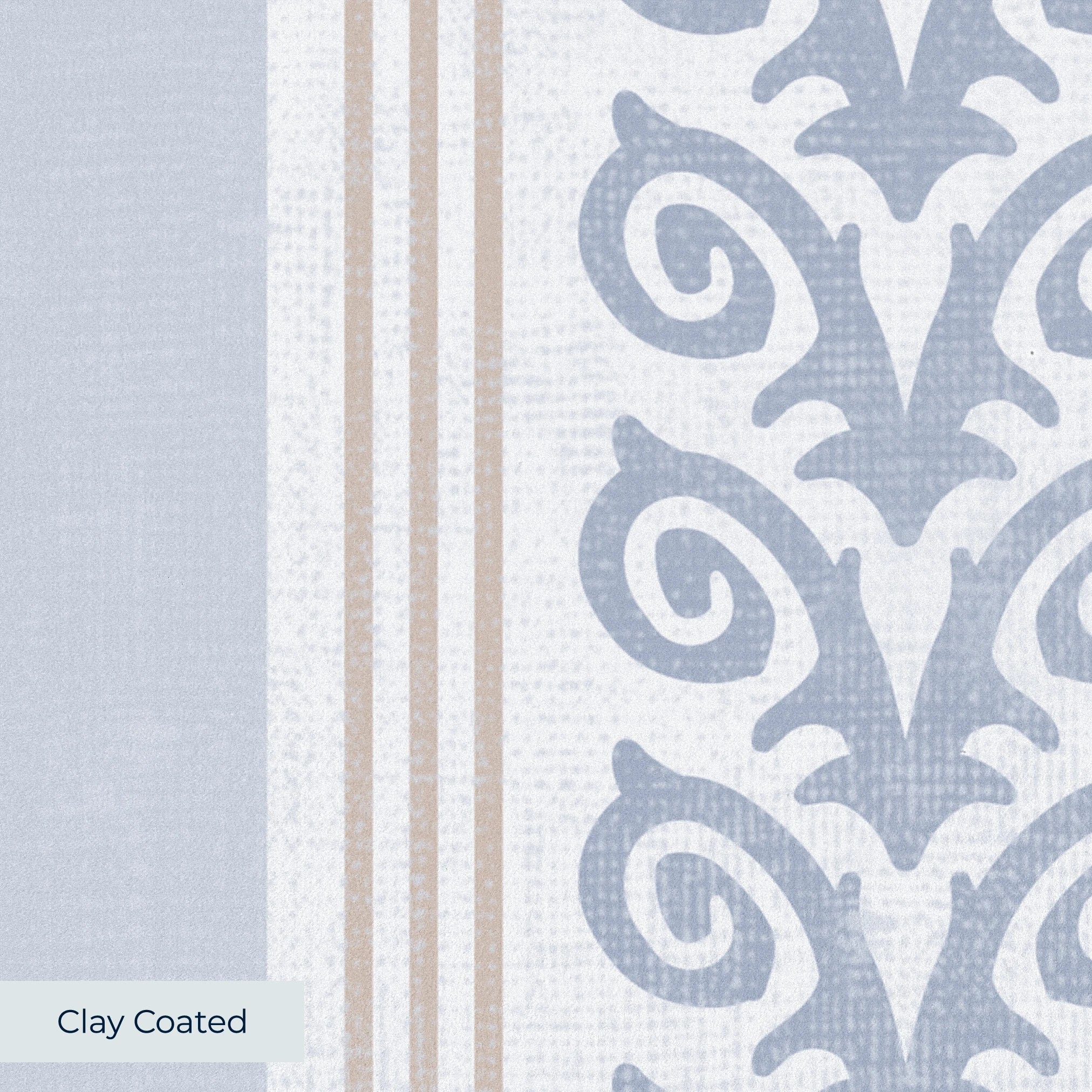 Blue and white vertical striped pattern with decorative floral motifs